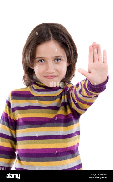 Beautiful Girl Saying Stop With Her Hand On A White Background Stock