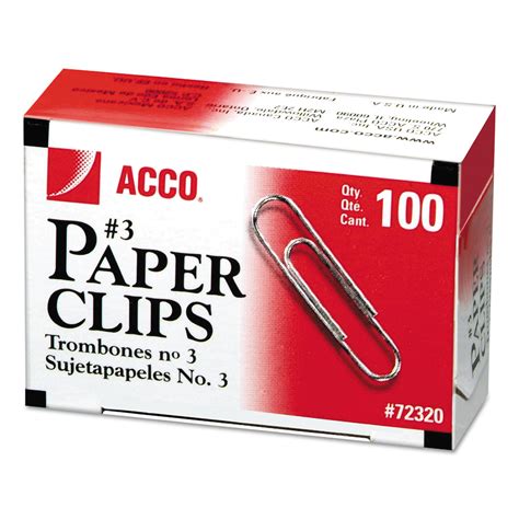 Acco Paper Clips 3 Smooth Silver 100 Clipsbox 10 Boxespack