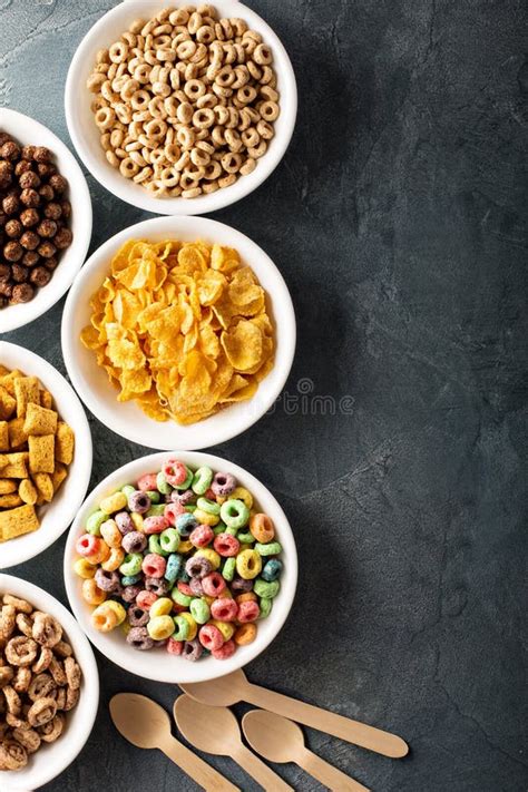 Variety Of Cold Cereals In White Bowls Stock Image Image Of Cereals