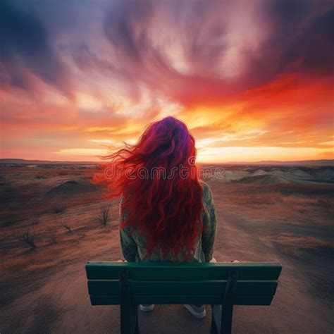 Young Woman With Long Red Hair Sitting On A Bench In The Desert At