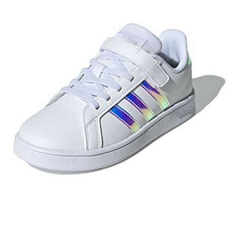 Adidas Grand Court Girls Trainers Kids Infants Shoes White And Iridescent