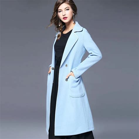 Sky Blue Slim Coat Fashion Long Sleeve 2017 Autumn Winter Belt Turn