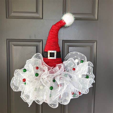 Santa Claus Hat Christmas Wreath Holiday Front Door Decor Etsy Hat