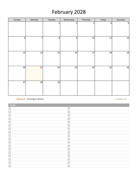 February 2028 Calendar With To Do List