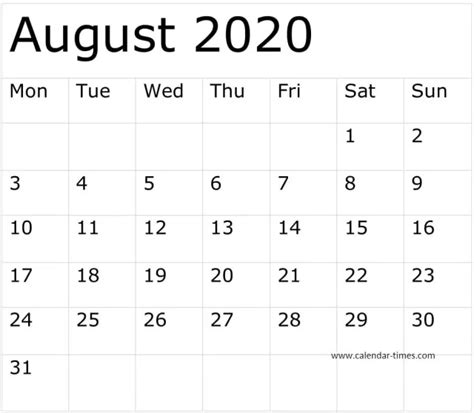 August Calendar 2020 Printable Word Excel Template August Calendar
