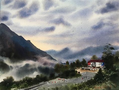 Fog At The Mountains Painting Original Watercolor Landscape Mountain