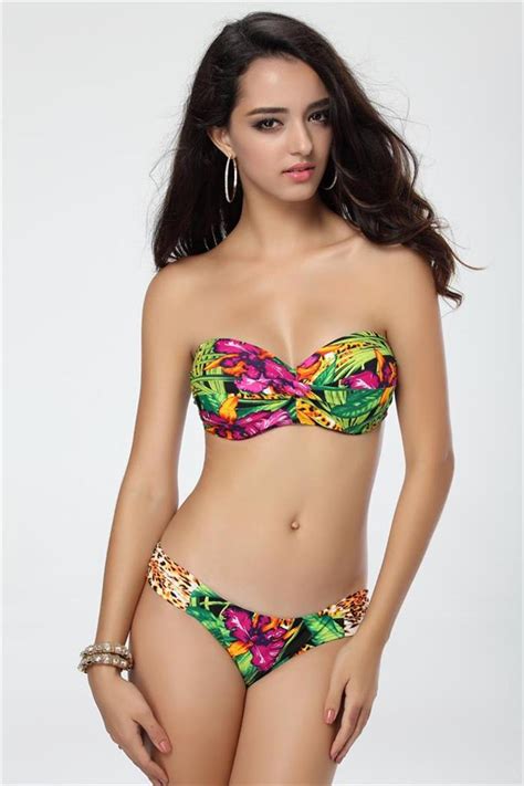 Women S Strapless Push Up Bandeau Top Bottom Bikini Set Floral Swimsuit