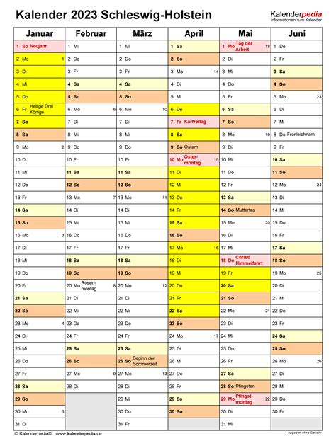 Kalender 2023 Schleswig Holstein Ferien Feiertage Word Vorlagen