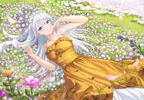 413375 Grin Lying On Back Mosta Ask Artwork Anime Girls Flowers Blue Eyes Anime White