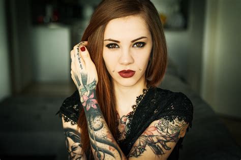 Blonde Girl Piercing Tattoos Face Blue Eyes Wallpaper