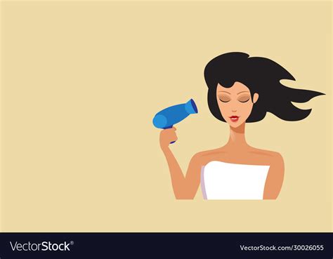 Young Brunette Woman Drying Hair With Hairdryer Vector Image