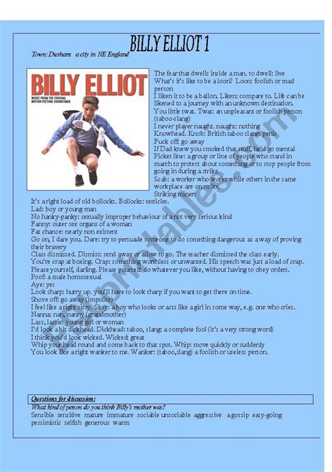 Billy Elliot Esl Worksheet By Lmariana123