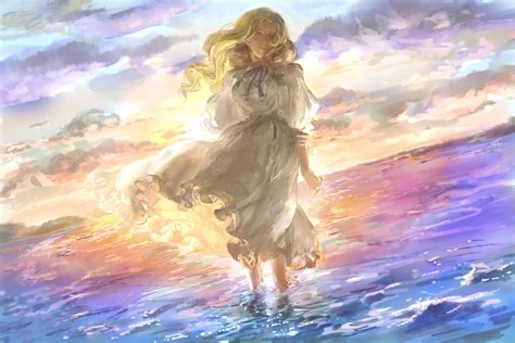 Wallpaper Fantasy Art Original Characters Sunset White Dress Anime Girls Sea Sky