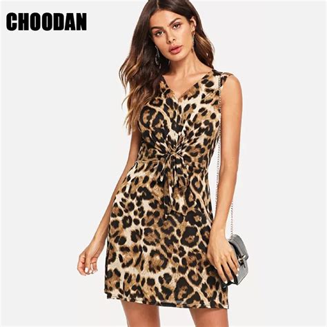 Sleeveless Women Dress Leopard Animal Print V Neck Short Dresses Summer