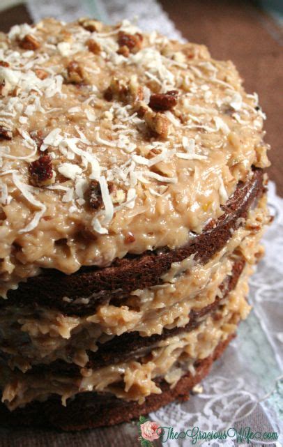 The best homemade german chocolate cake with layers of coconut pecan frosting and chocolate frosting. German Sweet Chocolate Cake - The Gracious Wife | German ...