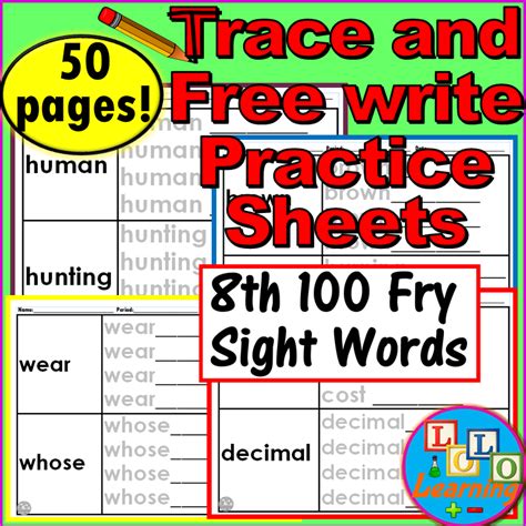 Trace And Free Write Practice Sheets 8th 100 Fry Sight Words 4th 5th