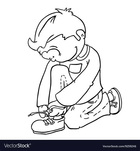 Black And White Boy Tying A Shoelace Royalty Free Vector