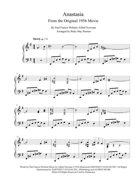 Anastasia Sheet Music Alfred Newman Piano Solo