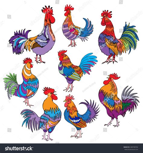 Set Roosters Cocks Chinese Zodiac Illustration Stock Vector Royalty