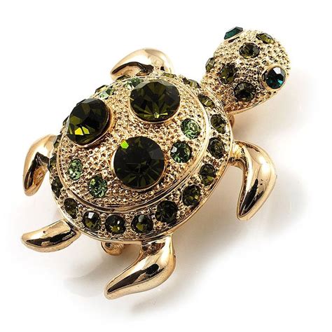 Small Emerald Green Swarovski Crystal Turtle Brooch Gold Tone You