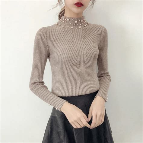 Toproud Pearl Beaded Knit Jumper Autumn Winter Women Pullover Sweaters White Stand Collar Long