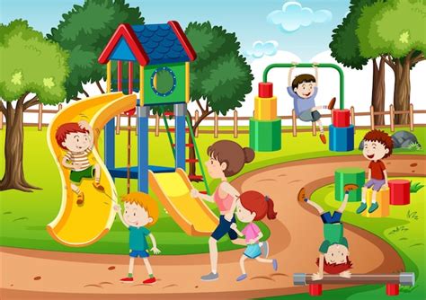 Premium Vector Children Playing In The Playground Scene