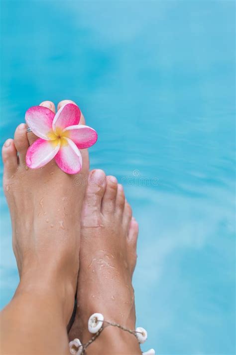 Woman S Female Legs In Blue Swimming Pool Water With Frangipani Stock Photo Image Of Closeup