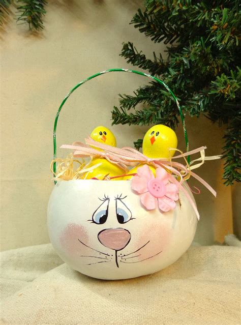 Hand Painted Gourd Bunny Easter Basket With Two Gourd Chicks By Debbie Easley Hand Painted