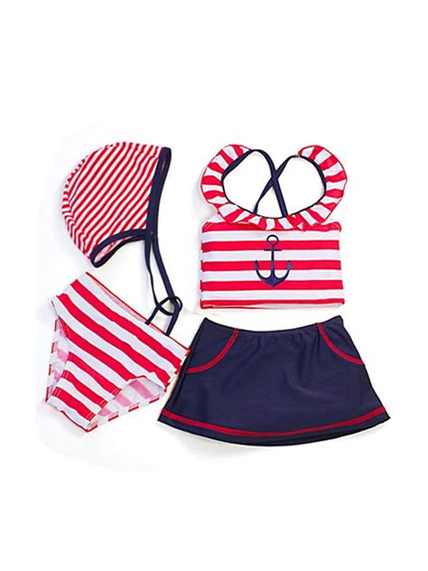 Age 1 6 Beach Girls Sailor Anchor Striped 4 Pc Swimsuit Set 2t