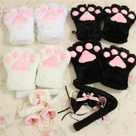 1set Anime Cosplay Costume Cat Ears Plush Paw Claw Gloves Tail Bow Tie
