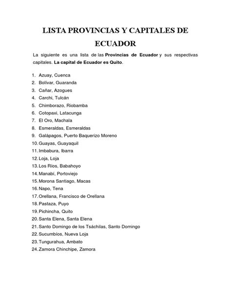 Lista Provincias Y Capitales De Ecuador Pdf Comunidad Andina Ecuador