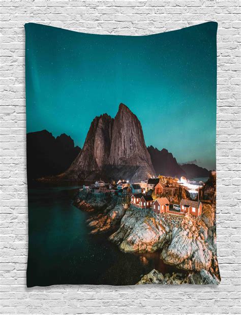 Dress your wall up with the beautiful scroll tapestries. Night Ocean Tapestry, Aurora Borealis with Fishermen Village Hamnoy Norway Landscape Scene, Wall ...