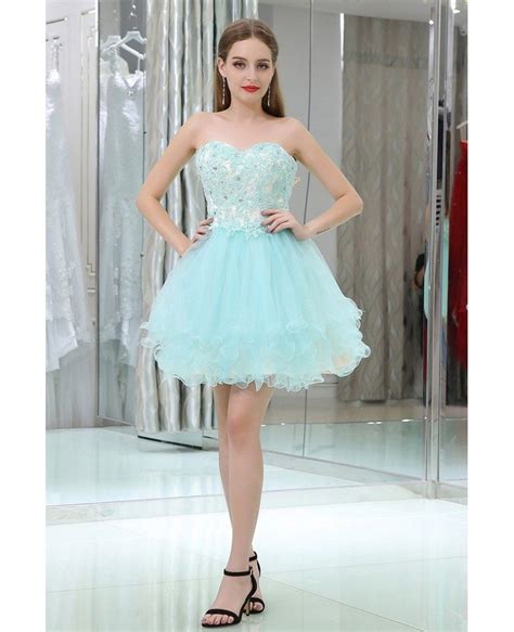 Strapless Short Tulle Baby Blue Prom Gown With Crystal Lace B030