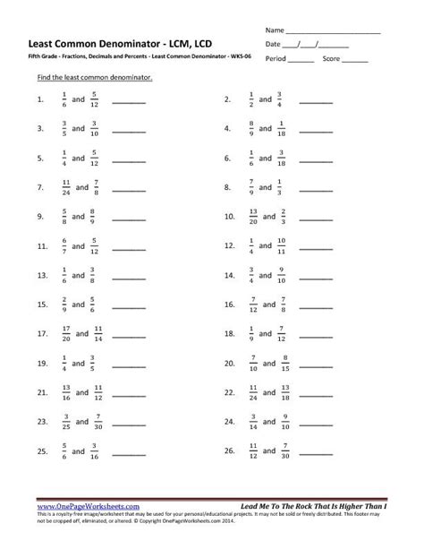 Free Printable Least Common Denominator Worksheets