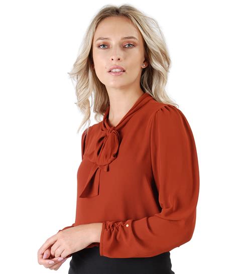 Blouse With Long Sleeves And Scarf Collar Brick Red Yokko