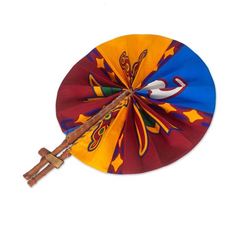 Handcrafted Multicolored Cotton and Leather Fan from Ghana - African Breeze | NOVICA