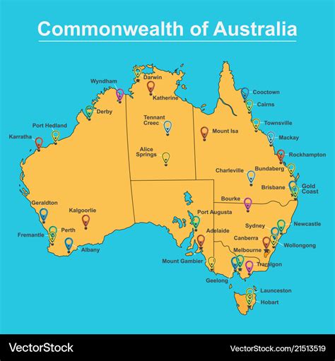 Map Of Australia With Major Towns And Cities Vector Image