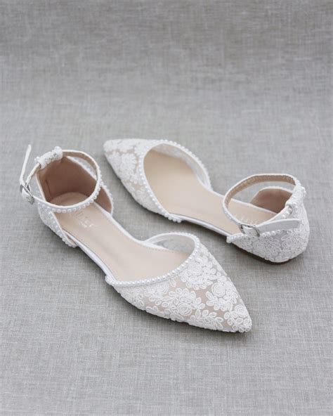 White Crochet Lace Pointy Toe Flats With Mini Pearls Women Etsy