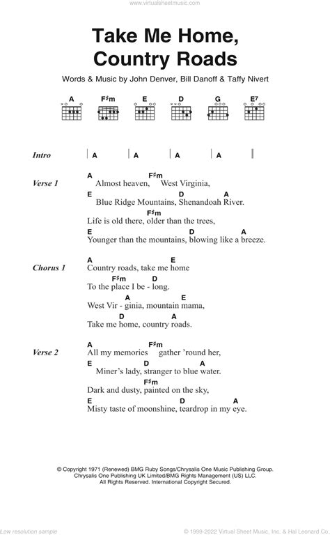 Denver Take Me Home Country Roads Sheet Music For Guitar Chords V2