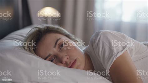 Beautiful Woman Sleeping Peacefully In Her Bed Woman Wakes Up And