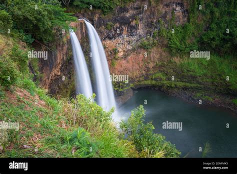 Majestic Twin Wailua Waterfalls On The Hawaiian Island Of Kauai Usa