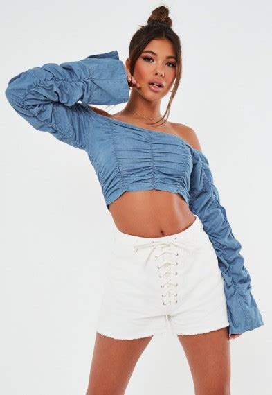 Missguided Blue Denim Long Sleeve Ruched Crop Top