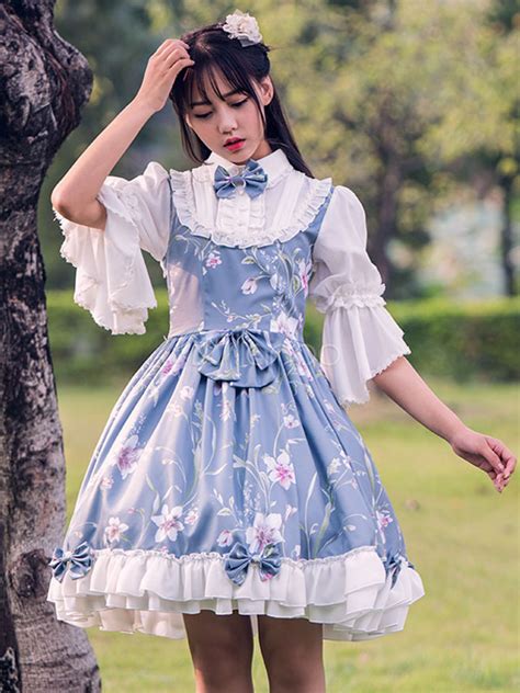 Sweet Lolita Dress Op Light Blue 34 Length Sleeve Floral Printed One