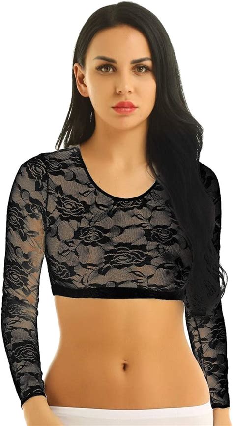 Doomiva Women S Lace Floral Sheer Shirt See Through Long Sleeve Crop