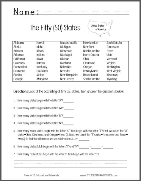 Fifty States Math And Geography Worksheet Social Studies Worksheets