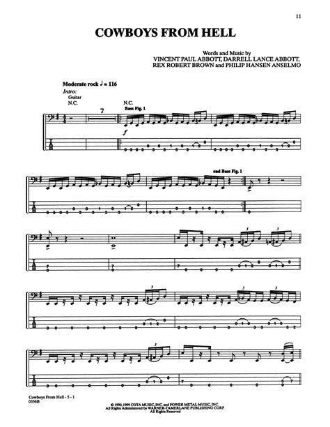 Cowboys From Hell Bass Guitar Tab Print Sheet Music Now