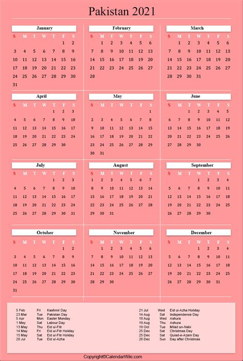 2021 Pakistan Annual Calendar With Holidays Free Printable Templates