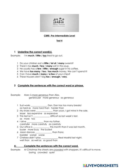 Cbre Pre Intermediate Level Test 4 Worksheet