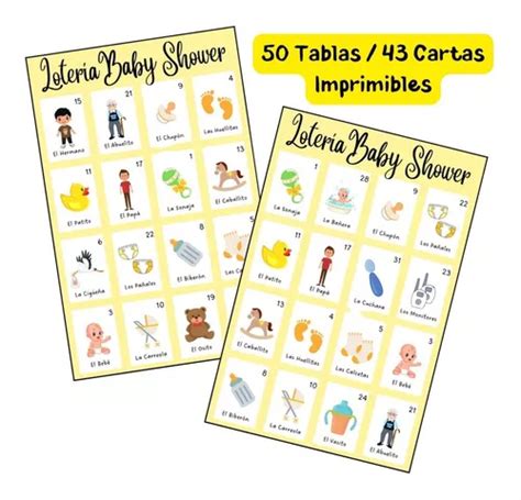 Juego Imprimible Loteria Baby Shower 50 Amarillo Unisex Pdf Mercadolibre