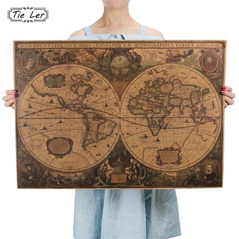 Retro World Map Nautical Ocean Map Vintage Kraft Paper Poster Wall